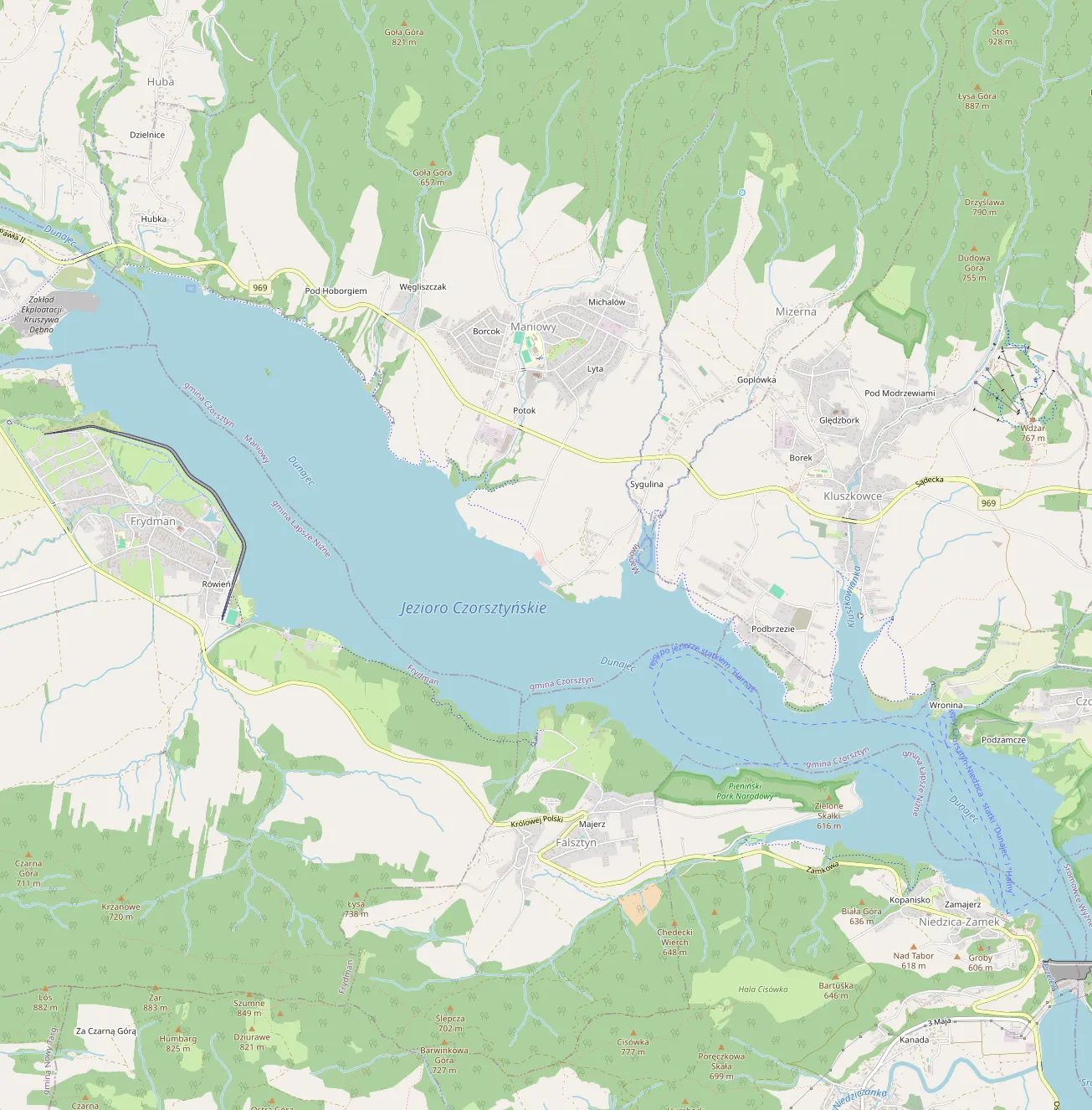Mapa plaż i kąpielisk wokół Jeziora Czorsztyńskiego z zaznaczoną Huba Home